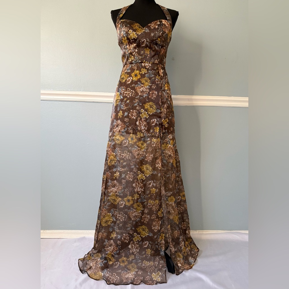 Brown Floral Halter Evening Dress - Picture 1 of 8